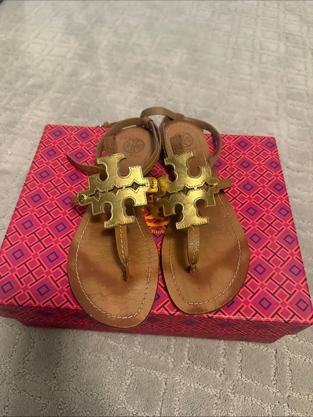 Tory Burch Gold Logo T-Strap Sandals with Tan Straps